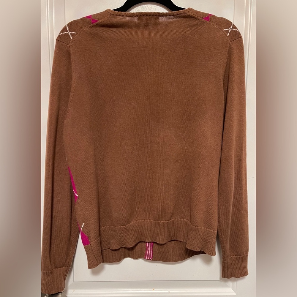 Lands’ End Argyle Cardigan Sweater Brown & Pink Preppy Grandpacore Office Medium - Picture 3 of 7